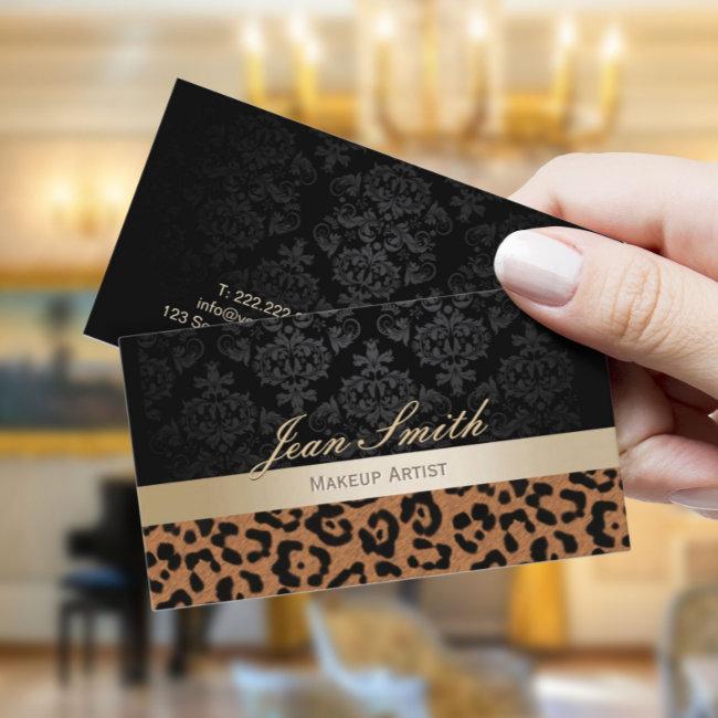 Makeup Artist Modern Leopard Print Gold Stripe Business Card