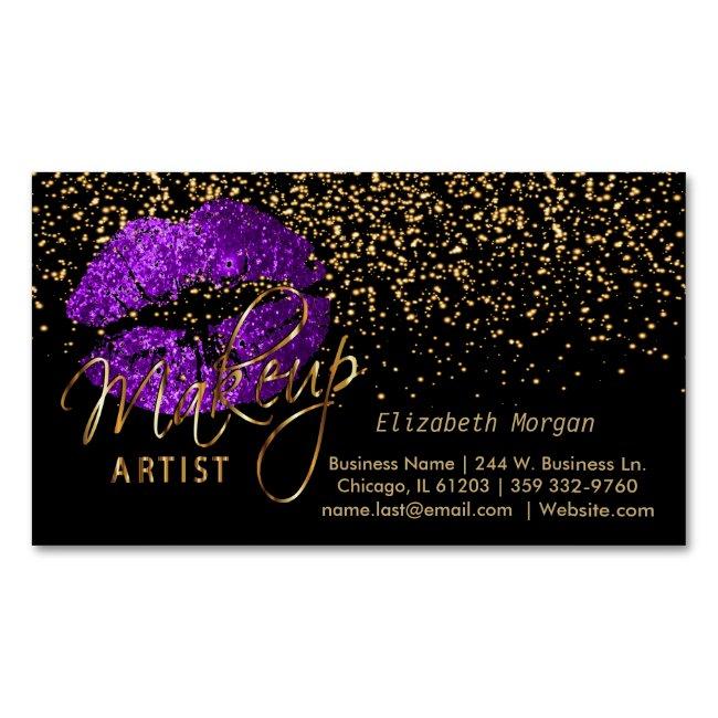 Makeup Artist With Gold Confetti & Purple Lips Business Card Magnet