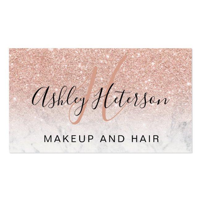 Makeup Monogram Marble Rose Gold Glitter Script Business Card