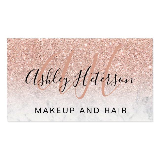 Makeup Monogrammed Marble Rose Gold Glitter Script Business Card