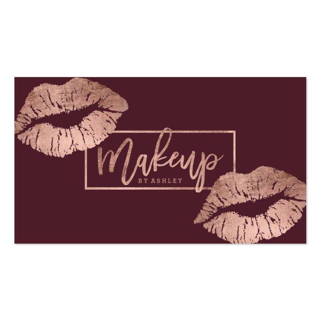 Makeup Typography Lips Faux Rose Gold Burgundy Business Card