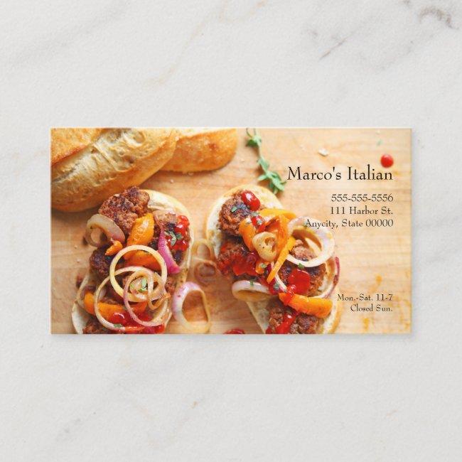 Meatball Sandwiches With Onions And Peppers Business Card