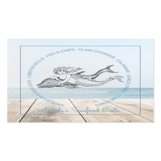Mermaid And Dolphin Sea Food Square Business Card