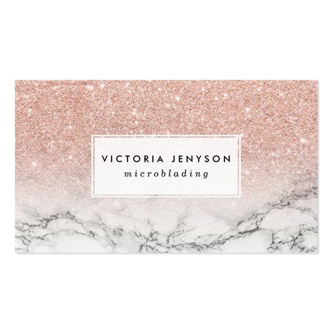 Microblading Faux Rose Pink Glitter White Marble Business Card