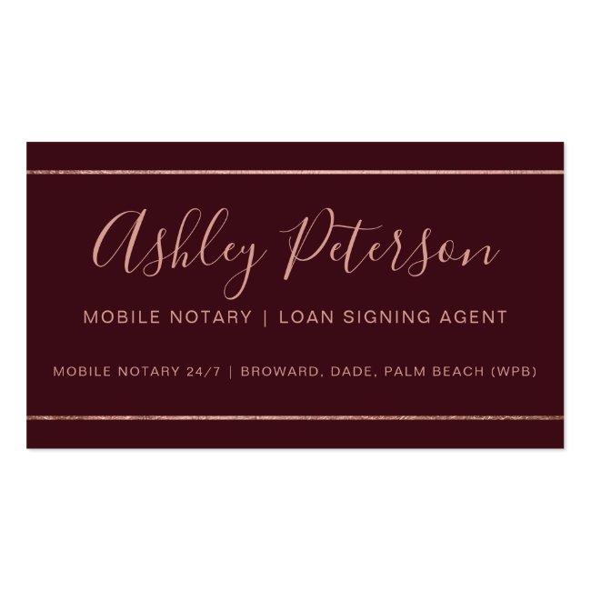 Mobile Notary Typography Rose Gold Stripe Red Business Card