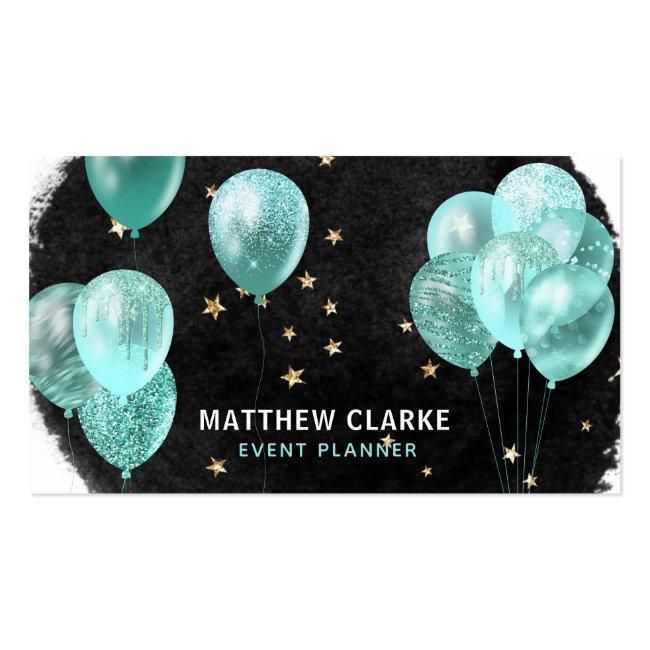 Modern Balloons & Gold Stars Party Event Planner Business Card