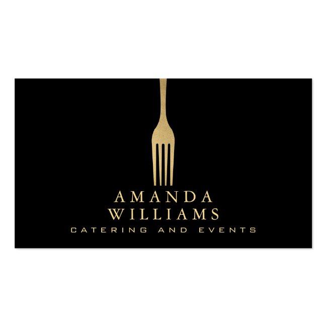 Modern Faux Gold Fork Catering Logo On Black Business Card