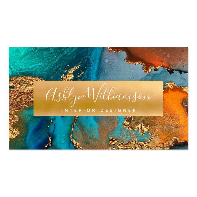 Modern Marble Watercolor Turquoise Orange & Gold Business Card