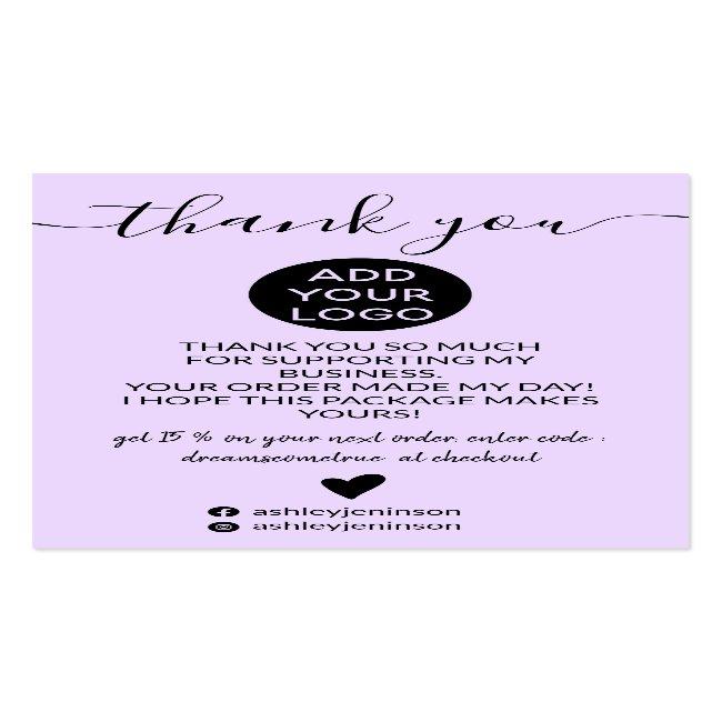 Modern Minimalist Lavender Purple Order Thank You Business Card