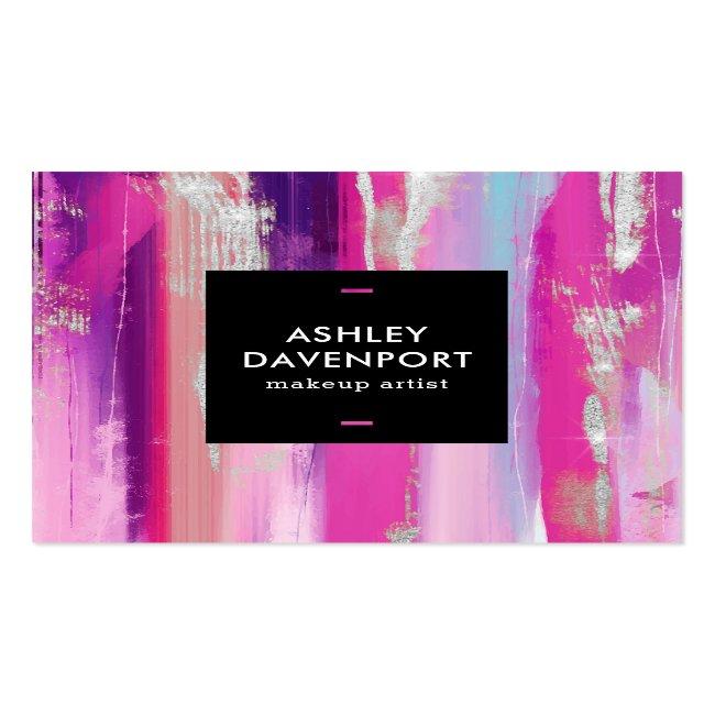 Modern Pink And Silver Glitter Brushstrokes Makeup Square Business Card