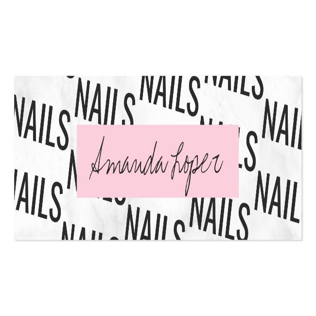 Modern Pretty White Marble Black & Pink Nails Mini Business Card