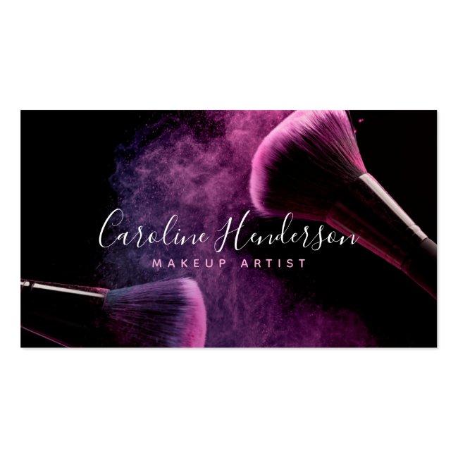 Modern Purple Powder & Brushes Makeup Artist Business Card