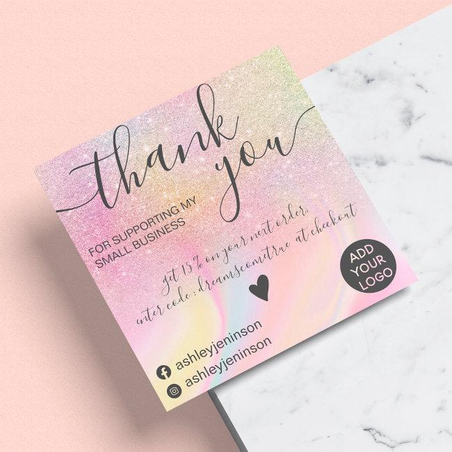 Modern Rainbow Glitter Marble Chic Thank You Square Business Card