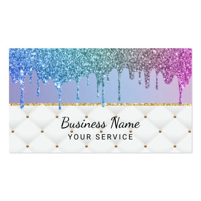 Modern Rainbow Unicorn Glitter Drips Beauty Salon Business Card