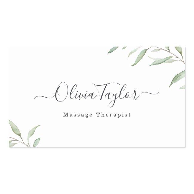 Modern Rustic Minimal Greenery Massage Therapist Business Card