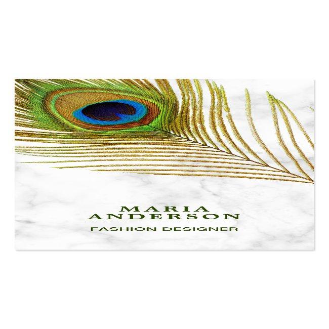Modern White Marble Green Indian Peacock Feather Business Card