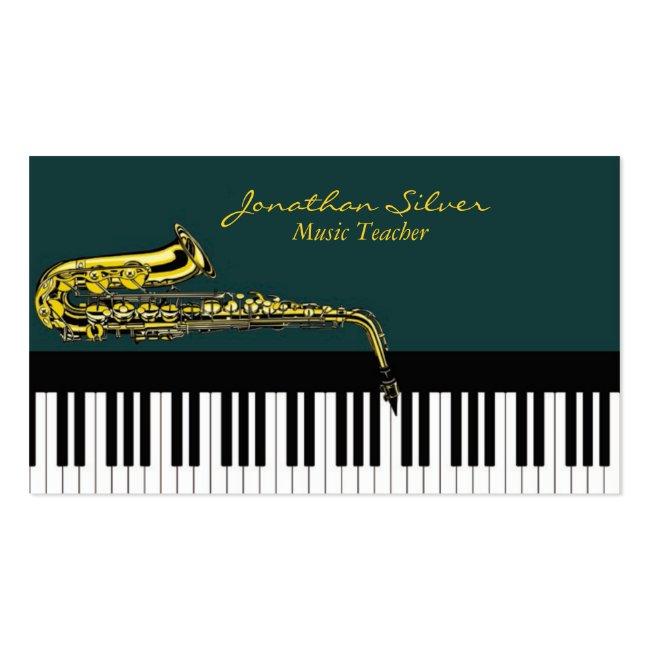 Music Teacher Elegant Piano Keys & Saxophone Business Card