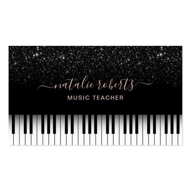 Music Teacher Modern Black Glitter Piano Keys Business Card