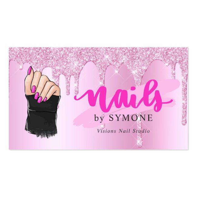 Nail Tech Salon Pink Diamond Dripping Glitter Busi Business Card