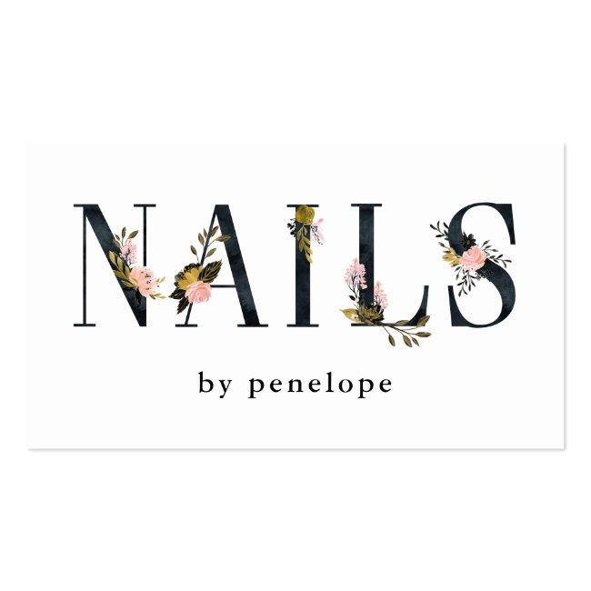 Nails | Gold Blush Black Floral Typography Business Card