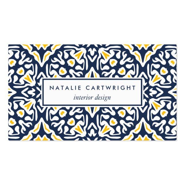 Navy And Yellow Mediterranean Tile Pattern Business Card