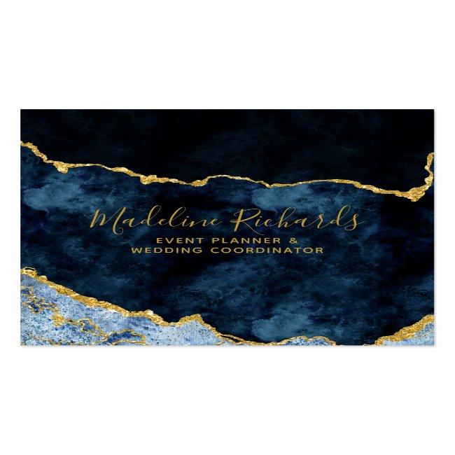 Navy Blue & Gold Watercolor Marble Agate Gilded Square Business Card