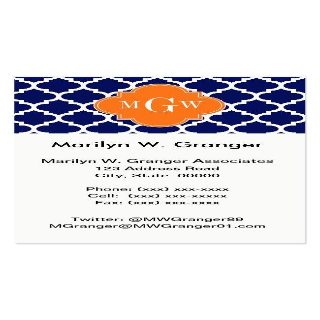 Navy Blue Wt Chevron Pumpkin Quatrefoil 3 Monogram Business Card