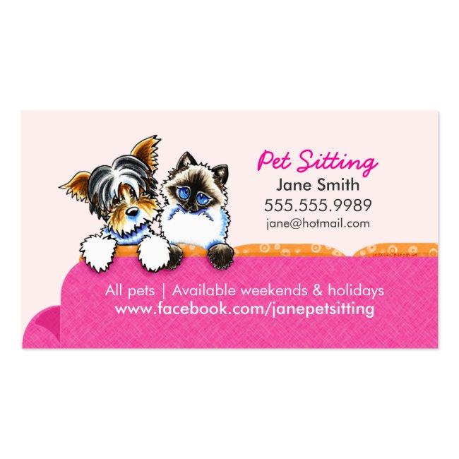 Pet Sitting Yorkie W/ Cat Couch Pink Business Card