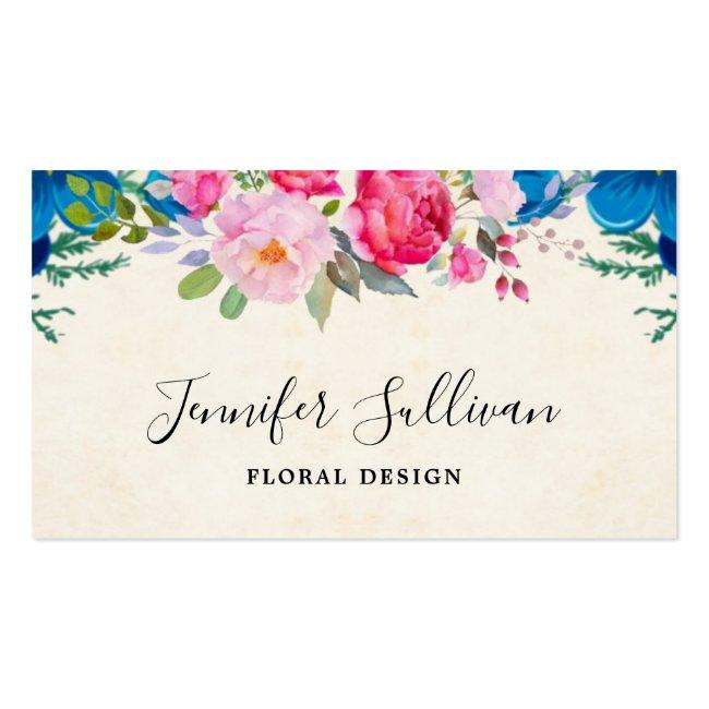Pink And Blue Pretty Flower Border Professional Business Card