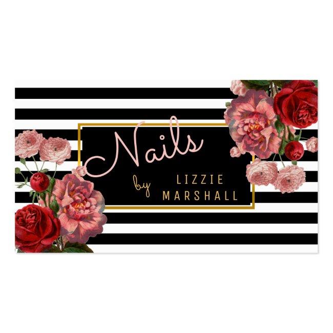 Pink Floral | Black White Stripes Nail Tech Business Card