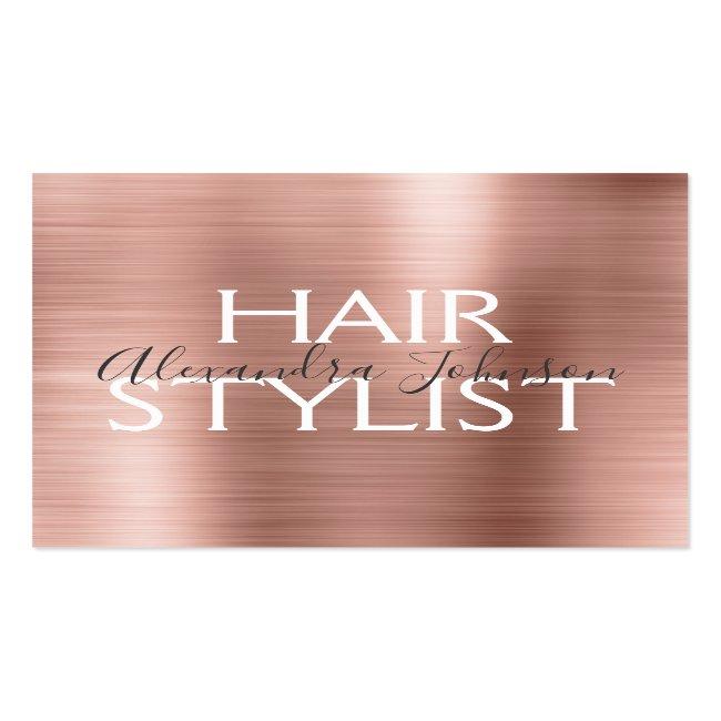 Pink & Rose Gold Brushed Metal Hair Stylist Square Business Card
