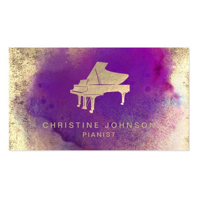 Purple Watercolor Splash Piano Logo Business Card