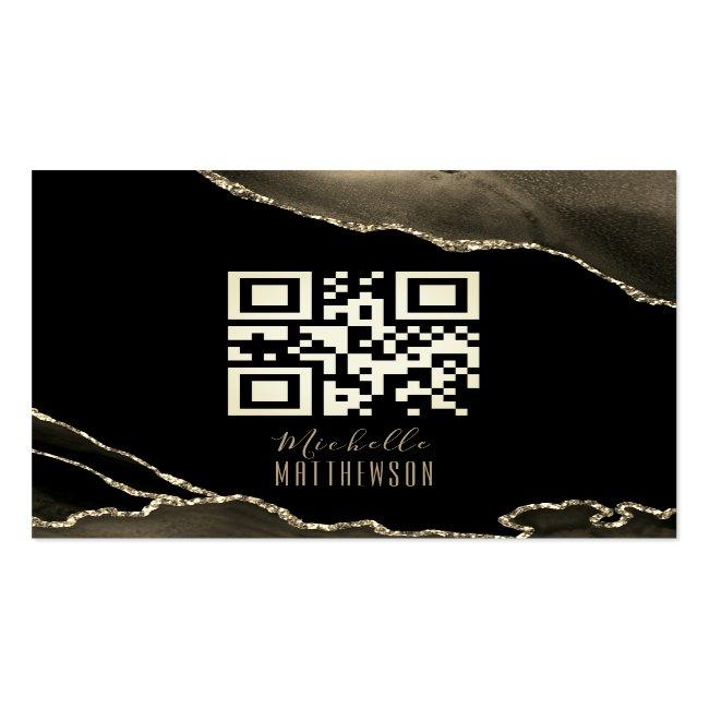 Qr Code Elegant Black Gold Agate Social Media Square Business Card