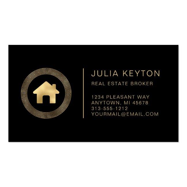 Real Estate House Logo Greek Key Frame Black Gold Business Card