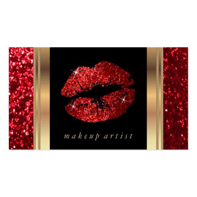 Red Glitter Lips And Elegant Gold Business Card