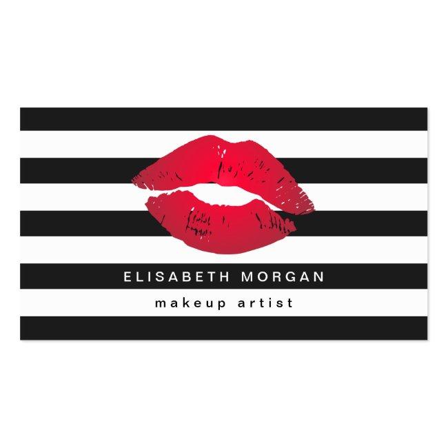 Red Lips Black White Stripes Modern Makeup Artist Business Card
