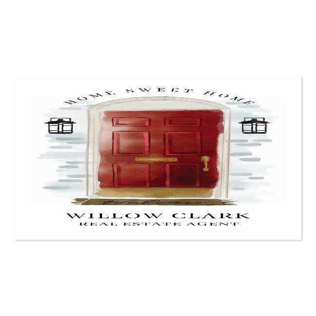 Red Watercolor Front Door Real Estate Agent Business Card