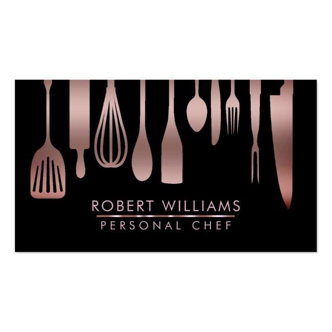 Rose Gold Chef Kitchen Tools Glitter Faux Catering Business Card
