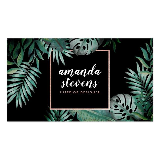 Rose Gold Foil Black Tropical Green Watercolor Business Card