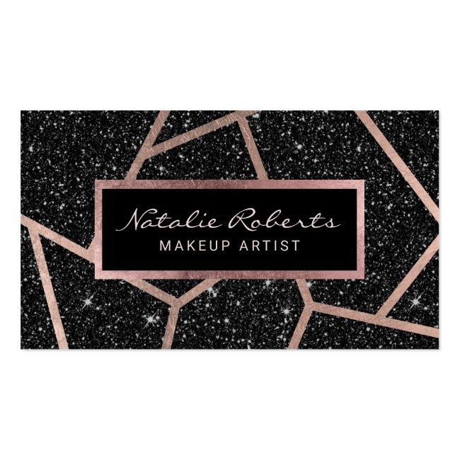 Rose Gold Geometric Black Glitter Beauty Salon Business Card