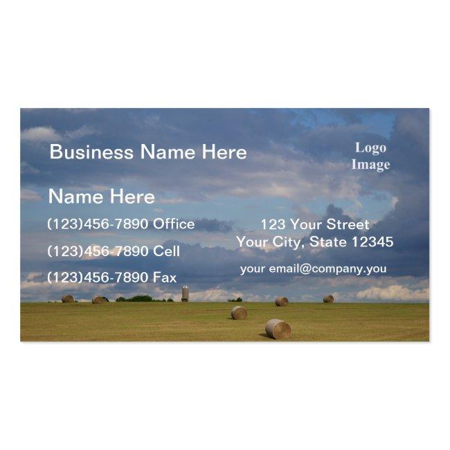 Round Bales In A Field By Silo. Business Card