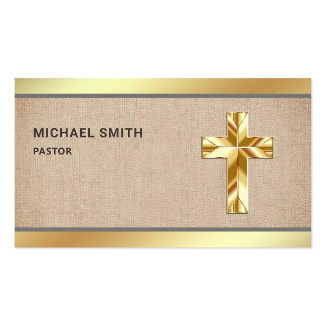 Rustic Burlap Gold Foil Jesus Christ Cross Pastor Business Card