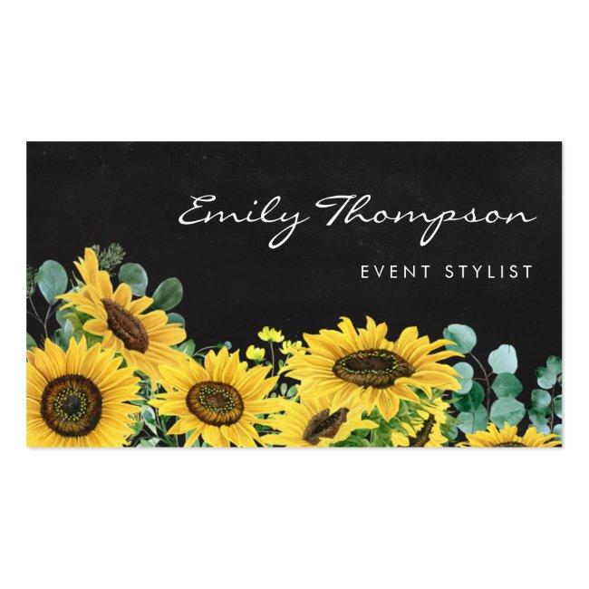 Rustic Chalkboard Sunflowers And Eucalyptus Floral Business Card