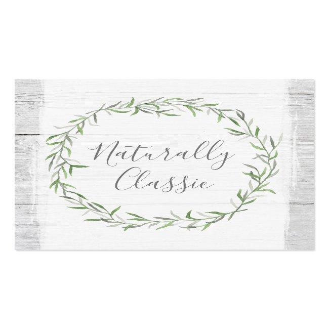 Rustic Wood & Botanical Leaf Branches Green Wreath Square Business Card