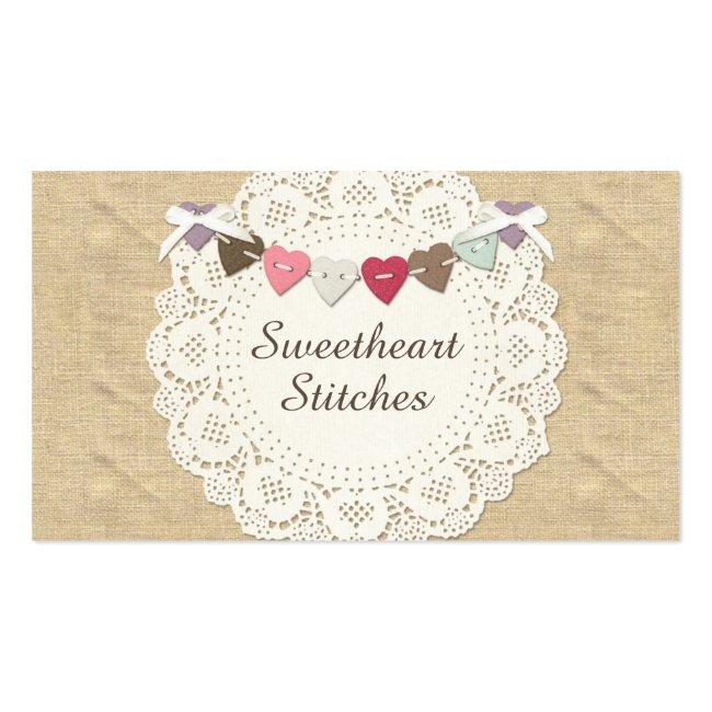 Sewing Stitches On Rustic Country Burlap & Hearts Business Card