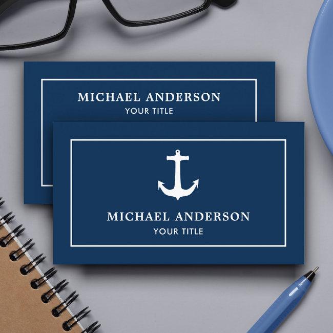 Simple Classic Navy Blue White Nautical Anchor Business Card