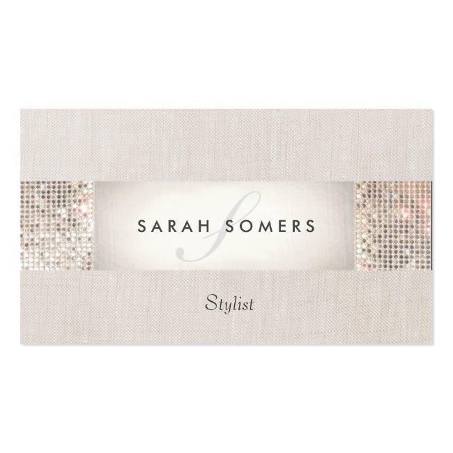 Stylish Modern Silver Sequin Monogram Beauty Business Card