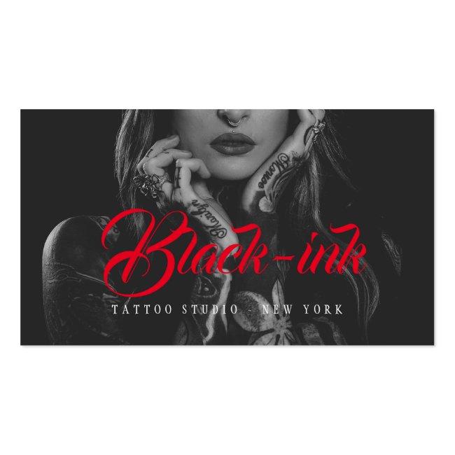 Tattoo Artists Black Photo Red Script Typography Business Card