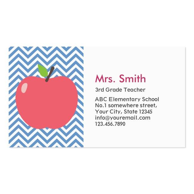 Teacher Cute Apple Modern Blue Chevron Stripes Business Card