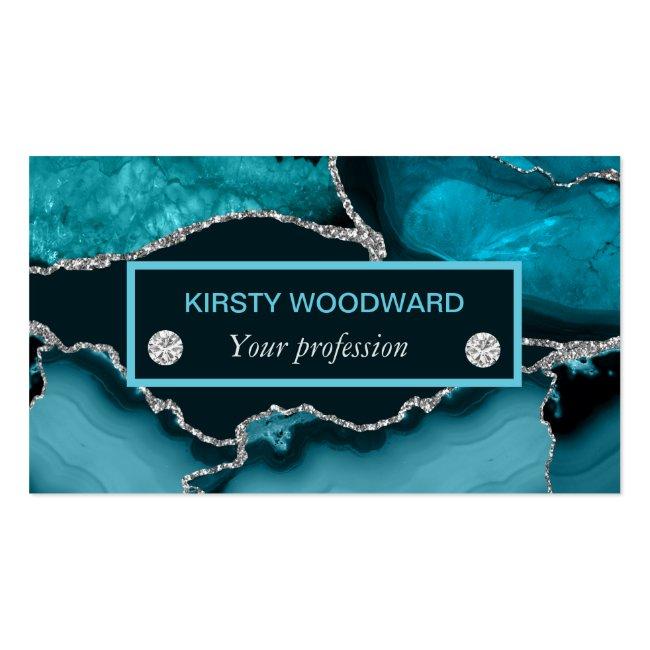 Teal Blue And Silver Glitter Agate Business Card
